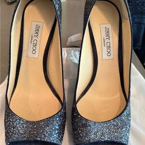 Jimmy Choo Blue Glitter Peep Toe Heels